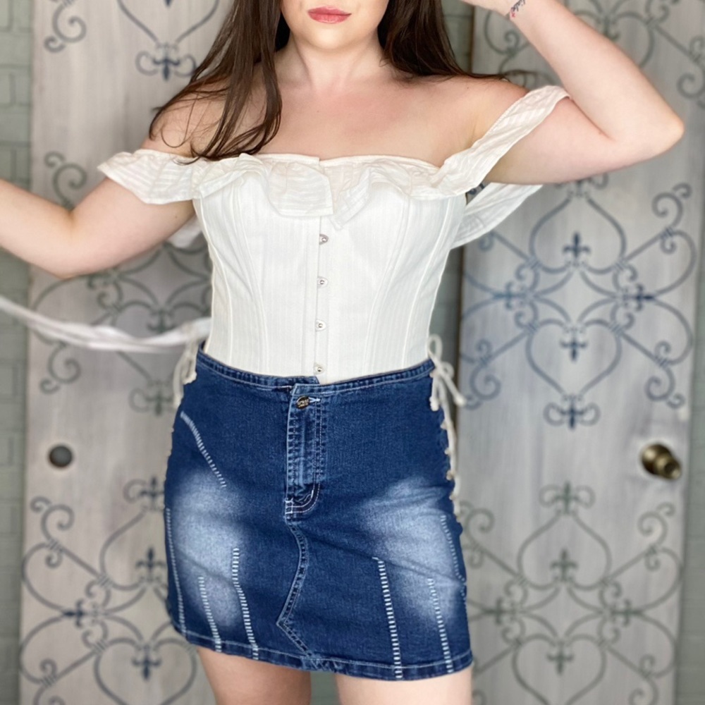 2000S Y2K Vintage Lace Up Denim Mini Skirt Size Medium Vintage/Retro